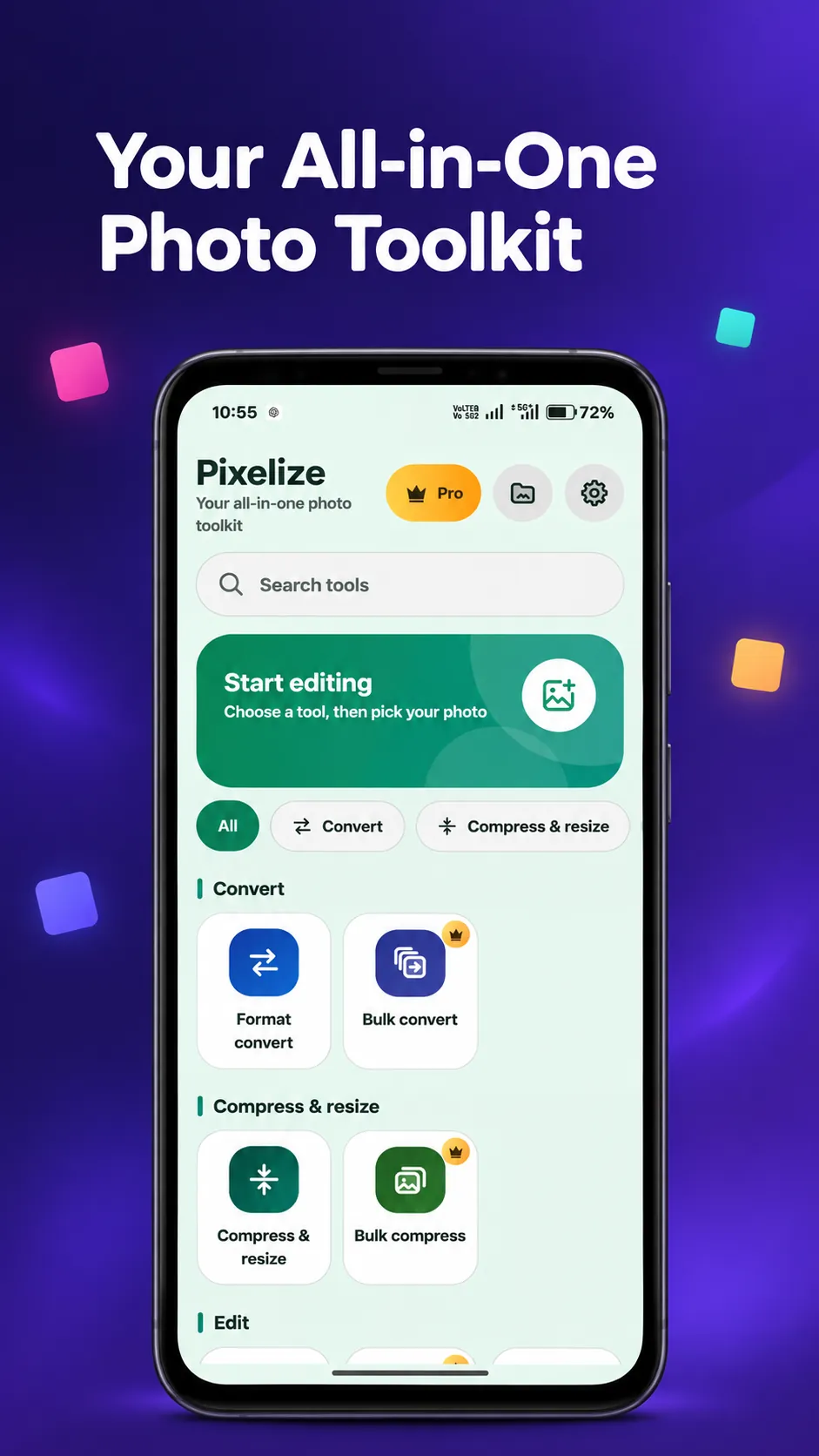 Pixelize home screen with all tools